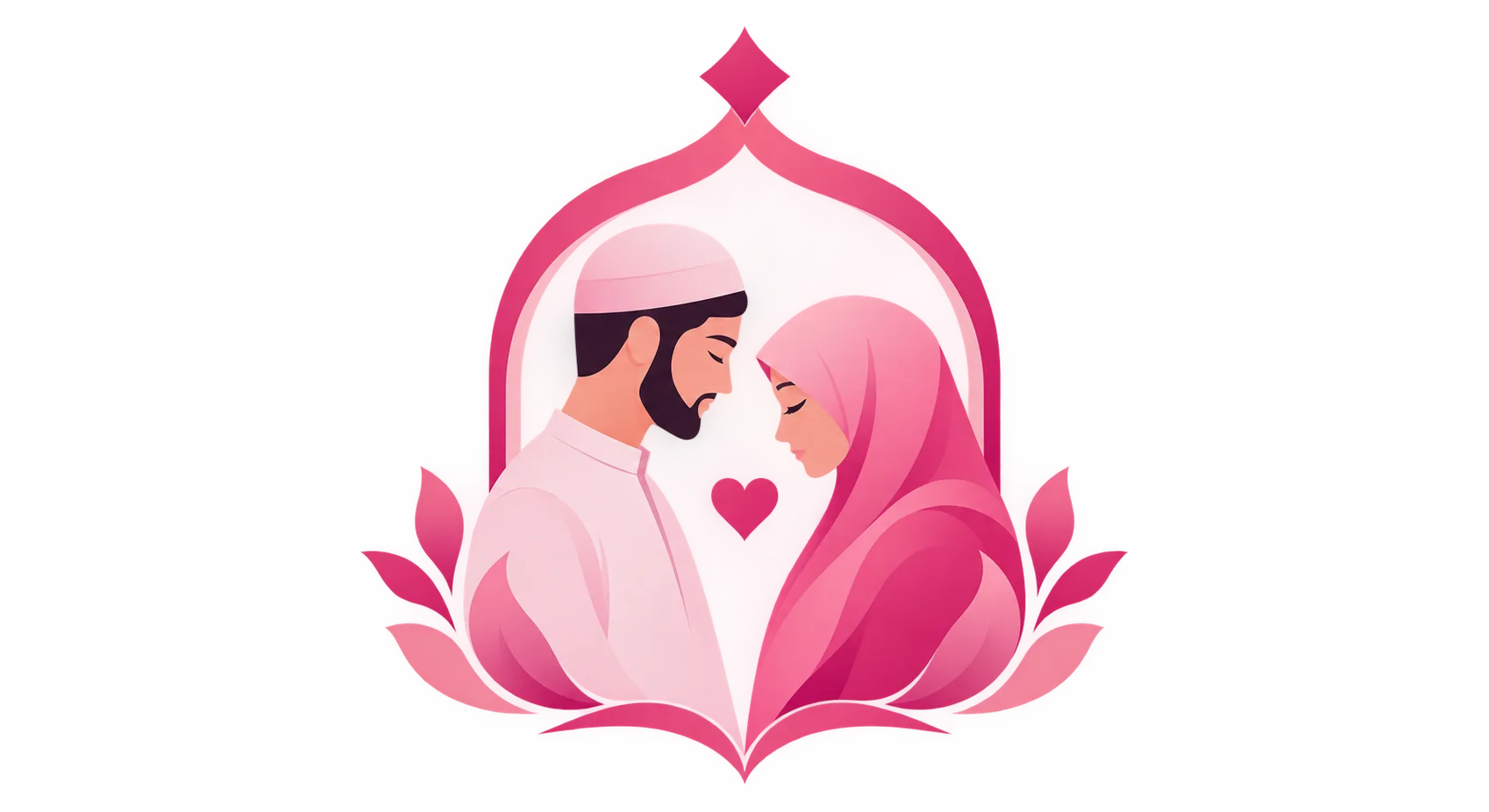 A bride in hijab and a groom in a prayer cap inside a mihrab — ShadiMaker's symbol of halal, family-centred marriage